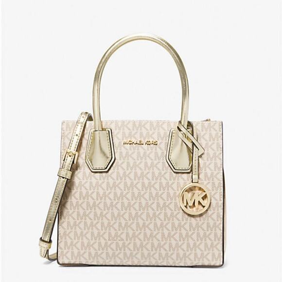 Michael Kors Mercer Medium Signature Logo Metallic Crossbody Bag  Pale Gold - Picture 10 of 11